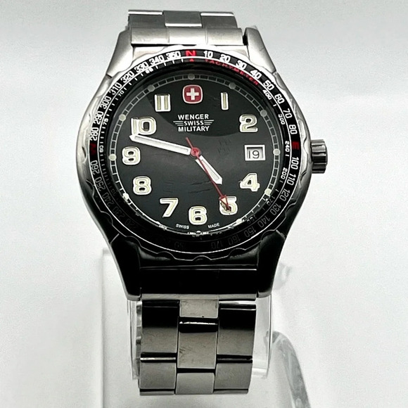 Vintage 90's Wenger Round Black Silver Diver 100M Men’s Watch Working - Picture 4 of 9